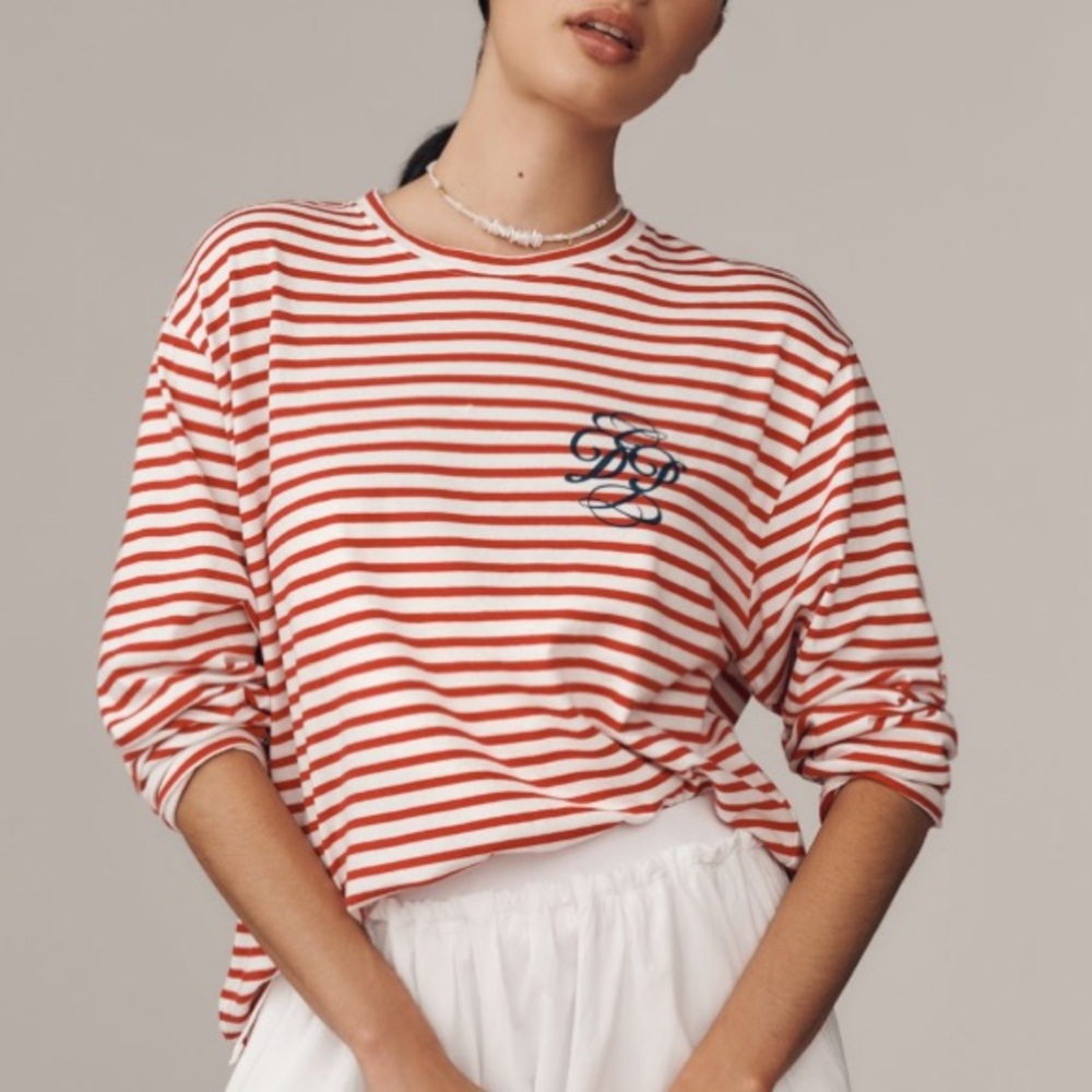 🟤NWT DAILY PRACTICE by ANTHROPOLOGIE Cotton Long-Sleeve Tee in Red/White LARGE